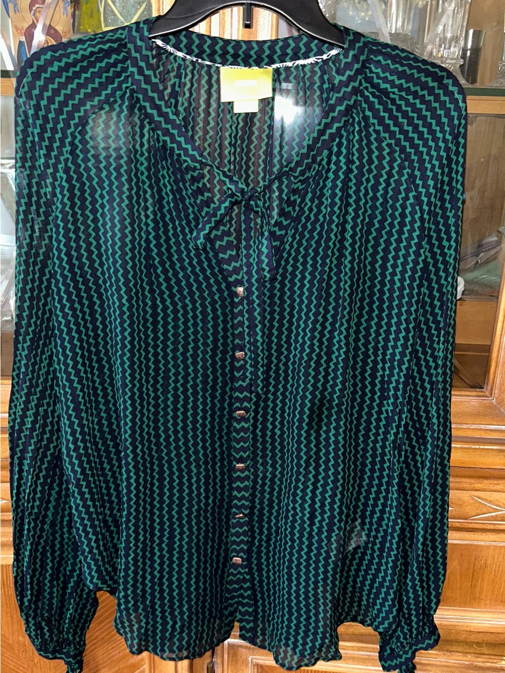 Maeve Anthropology Black and Teal Zigzag Button-Front Blouse
